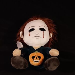 Michael Myers Spooky Plush Toy with Knife and Pumpkin Design